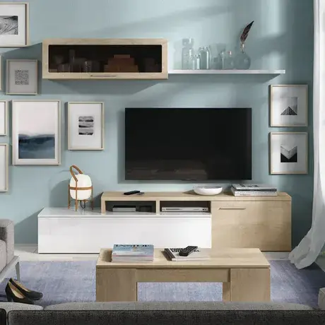 Buy Worksop Reversible L-Shaped TV Entertainment Wall Unit Cabinet White Gloss and Oak Effect, 9 from Furnituretta