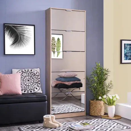 Buy Bangor Mirrored and Oak Effect Tall 5 Drawer Shoe Cabinet with 5 Revolving Drawers from Furnituretta