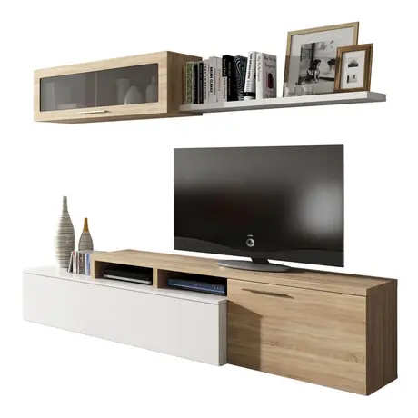 Buy Worksop Reversible L-Shaped TV Entertainment Wall Unit Cabinet White Gloss and Oak Effect, 5 from Furnituretta