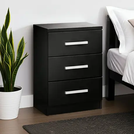 Buy Topline Bedside Table – 3 Drawers in High Gloss Black, Colour: Black, Item Width: 37 from Furnituretta