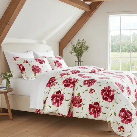 Buy Peony Floral Duvet Cover Set King Size – 100% Cotton | Bold Red & Bordo Print, Colour: Cream, Size: King from Furnituretta