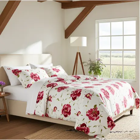 Buy Peony Floral Duvet Cover Set King Size – 100% Cotton | Bold Red & Bordo Print, Colour: Cream, Size: King, 3 from Furnituretta