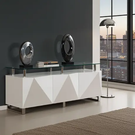 Buy Rowley White High Gloss Sideboard – 3 Doors | Sleek Storage with Modern Shine, Colour: White from Furnituretta