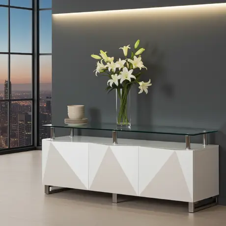 Buy Rowley White High Gloss Sideboard – 3 Doors | Sleek Storage with Modern Shine, Colour: White, 3 from Furnituretta