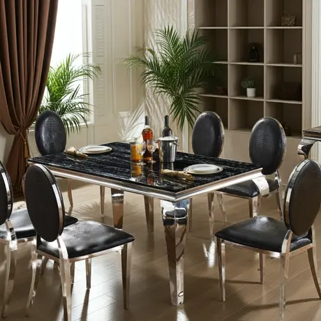 Buy Arriana Marble Dining Table – Natural Stone & Stainless Steel | 6-Seater Elegance from Furnituretta