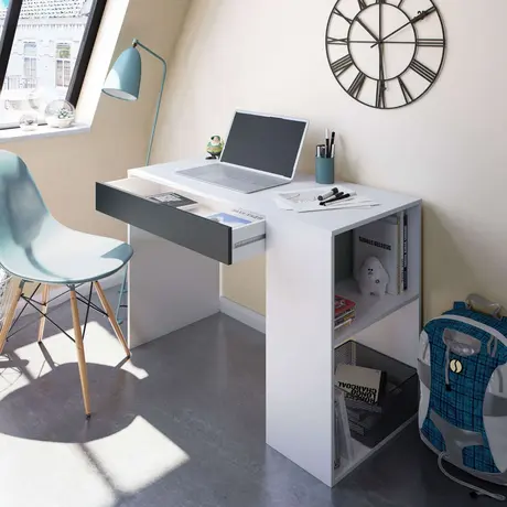 Buy Seaton Grey and White Writing Computer Desk with Drawer and Shelves from Furnituretta