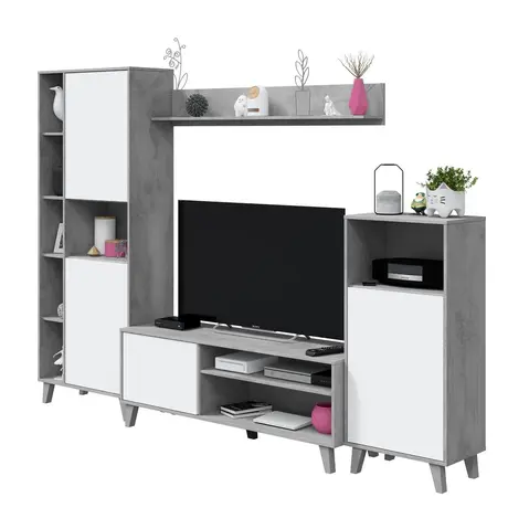 Buy Exeter White and Concrete Grey Effect Large TV Entertainment Wall Unit Cabinet, 2 from Furnituretta