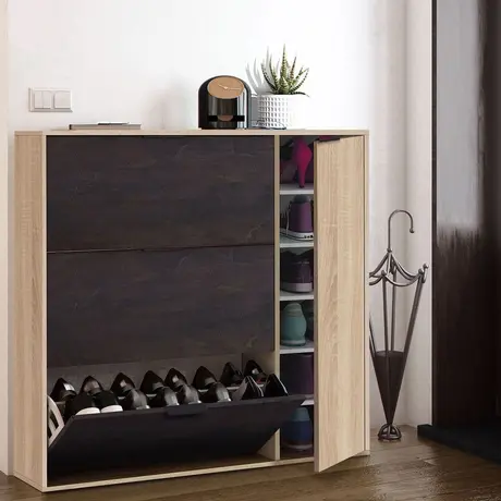 Buy Moreton Oak Effect and Oxido Dark Brown Shoe Cabinet with 4 Doors from Furnituretta