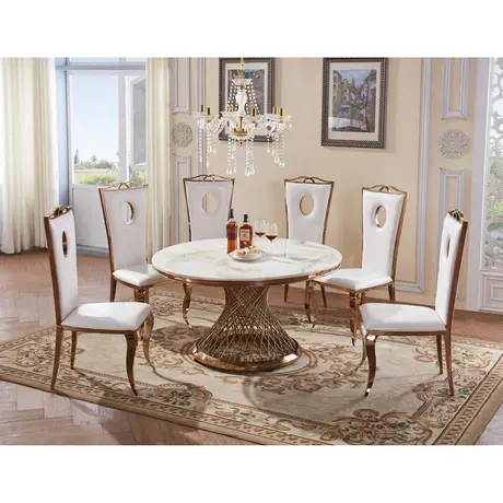 Buy Pescara Marble Dining Table with Stainless Steel Base – Round 4-Seater in Rose Gold, 4 from Furnituretta