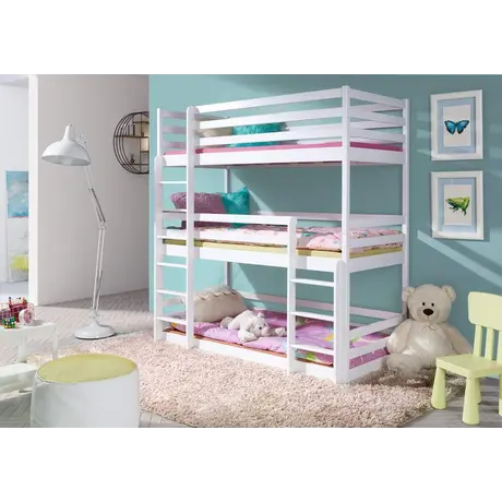 Buy Wooden Triple Bunk Bed Ted – White Matt | Solid Pine Frame with Foam/Bonnell Mattresses, Colour: White Matt, Mattresses: Foam/Bonnell Mattresses, 6 from Furnituretta