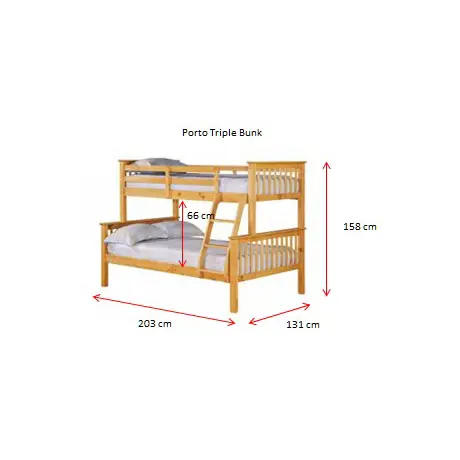 Buy Porto Triple Bunk Bed: Pine Construction & Safety Rails, Colour: Pine, 3 from Furnituretta