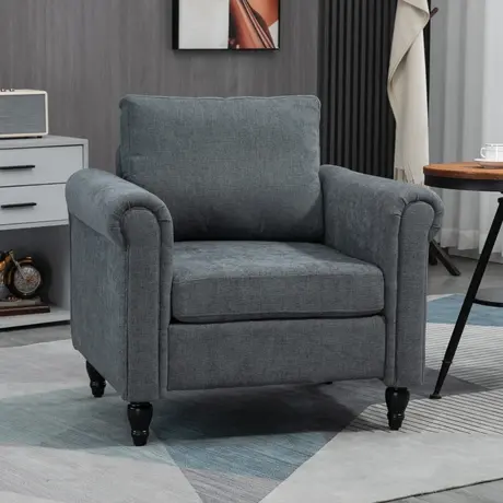 Buy HOMCOM Vintage Accent Chair, Upholstered Occasional Chair with Back Pillow, Rolled Arms, Rubber Wood Legs, Colour: Grey, 10 from Furnituretta