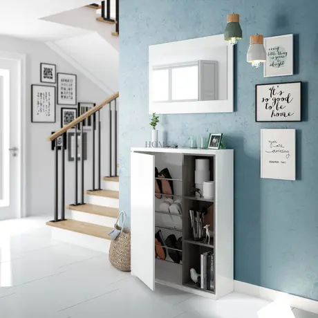 Buy Filton White Gloss Shoe Cabinet Hallway Unit | Mirrored Entryway Storage with Shelves – Flat Packed from Furnituretta