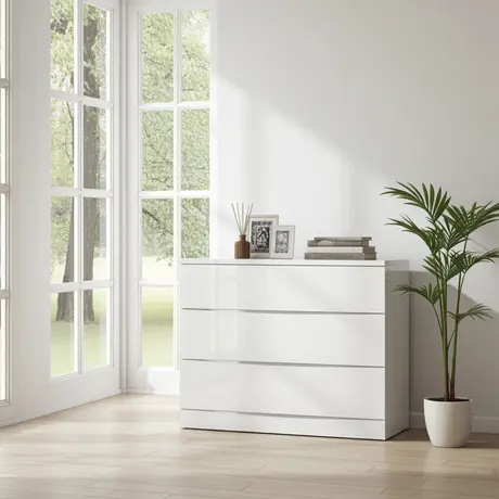 Buy Arden/Widney White High Gloss Dresser – 3 Drawers | Sleek & Spacious Bedroom Storage, 3 from Furnituretta