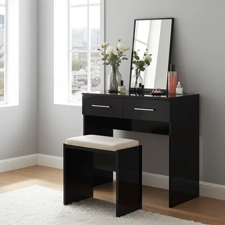 Buy Topline Dressing Table – Black Finish | Mirror & Stool Included for Modern Bedrooms, Colour: Black, 3 from Furnituretta