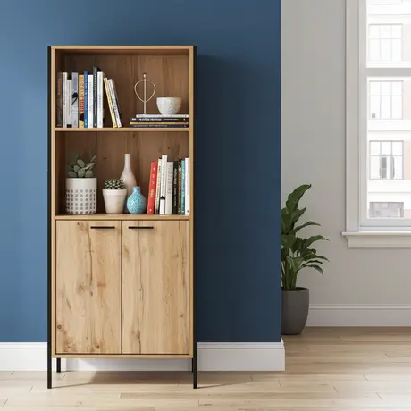 Buy Michigan Bookcase – 2 Doors | Oak Effect & Black Metal Frame for Stylish Storage, 2 from Furnituretta