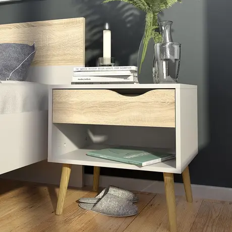 Buy Oslo Bedside 1 Drawer in White and Oak: Retro Modern, 7 from Furnituretta