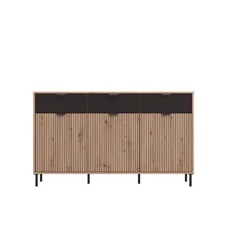 Buy Mere Artisan Oak Effect Slatted & Black 3 Door Sideboard | Stylish Modern Storage Unit, 2 from Furnituretta