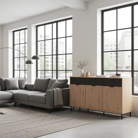 Buy Mere Artisan Oak Effect Slatted & Black 3 Door Sideboard | Stylish Modern Storage Unit, 5 from Furnituretta