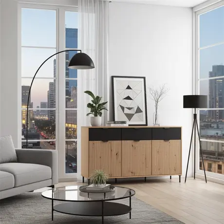 Buy Mere Artisan Oak Effect Slatted & Black 3 Door Sideboard | Stylish Modern Storage Unit, 3 from Furnituretta