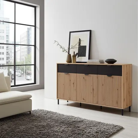 Buy Mere Artisan Oak Effect Slatted & Black 3 Door Sideboard | Stylish Modern Storage Unit from Furnituretta