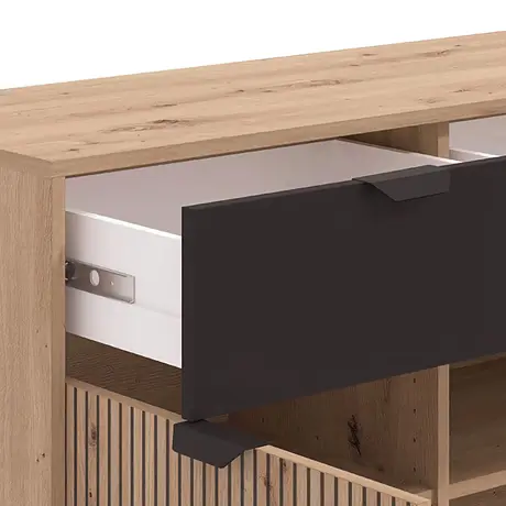 Buy Mere Artisan Oak Effect Slatted & Black 3 Door Sideboard | Stylish Modern Storage Unit, 7 from Furnituretta