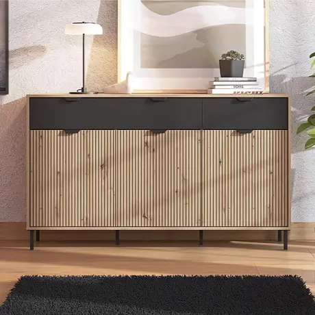 Buy Mere Artisan Oak Effect Slatted & Black 3 Door Sideboard | Stylish Modern Storage Unit, 6 from Furnituretta