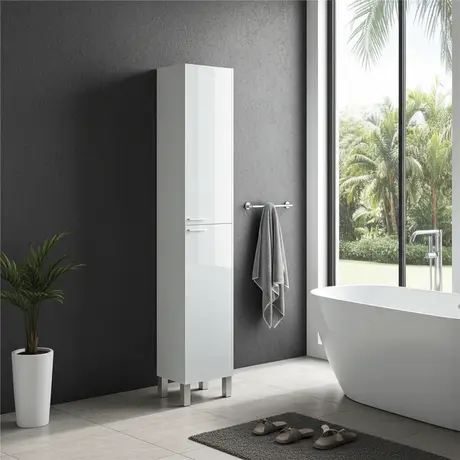 Buy Lydd Tall Narrow Bathroom Cupboard - White Gloss Storage (H182cm) from Furnituretta