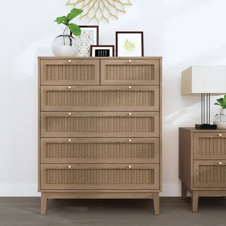 Buy Bordeaux 6 Drawer Chest in Oak | Modern Rattan Bedroom Storage from Furnituretta