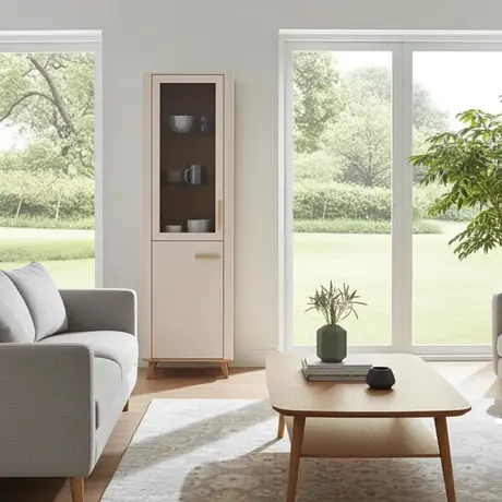 Buy Didcot Cashmere & Oak Tall Slim Display Cabinet | 2‑Door Storage from Furnituretta