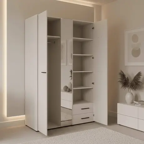 Buy Kinross Modern 3 Door Wardrobe – White with Mirror & 2 Drawers, Colour: White, 5 from Furnituretta