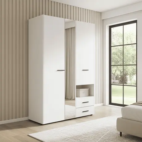 Buy Kinross Modern 3 Door Wardrobe – White with Mirror & 2 Drawers, Colour: White from Furnituretta