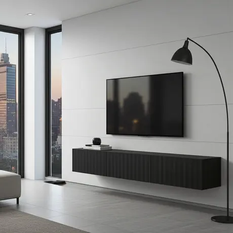 Buy Clare Black Slat Effect Floating Wide TV Unit, 7 from Furnituretta