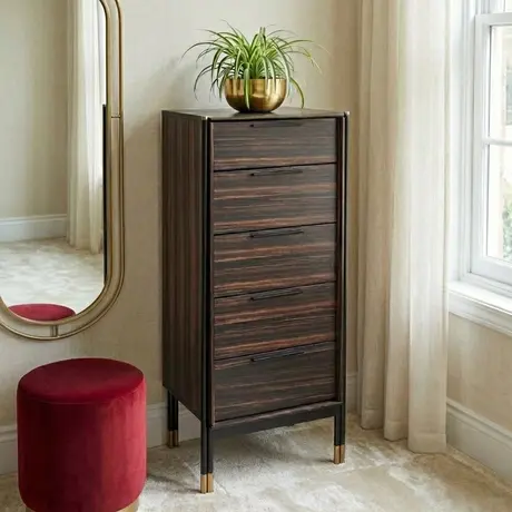 Buy Bali 5‑Drawer Narrow Chest in Ebony with Brass‑Capped Feet, 2 from Furnituretta