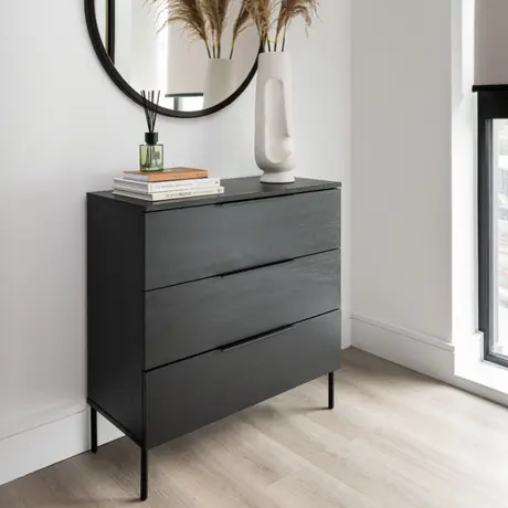 Buy Luna 3 Drawer Chest in Black Woodgrain Finish, Colour: Black, 4 from Furnituretta