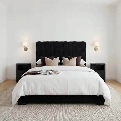 Buy Pasadena Black Velvet Bed – King with Cushioned Woven Headboard, Colour: Black, Bed Size: King (5ft), 2 from Furnituretta