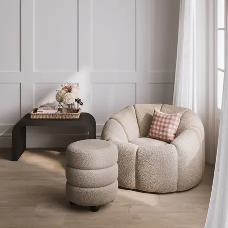 Buy Nao Swivel Chair in Chenille Bouclé with Contemporary Swivel Base, Colour: Ivory, Item Width: 101, 5 from Furnituretta