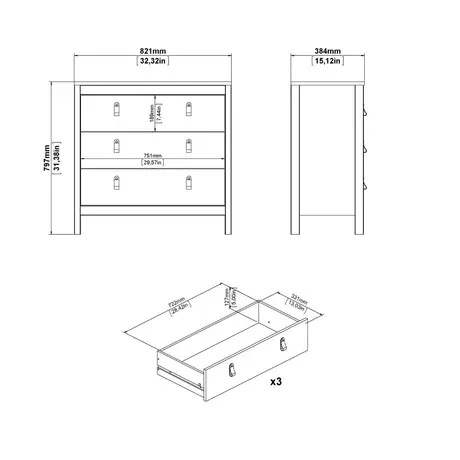 Buy Stylish Madrid Chest: 3 Drawers in Matt Black, 11 from Furnituretta