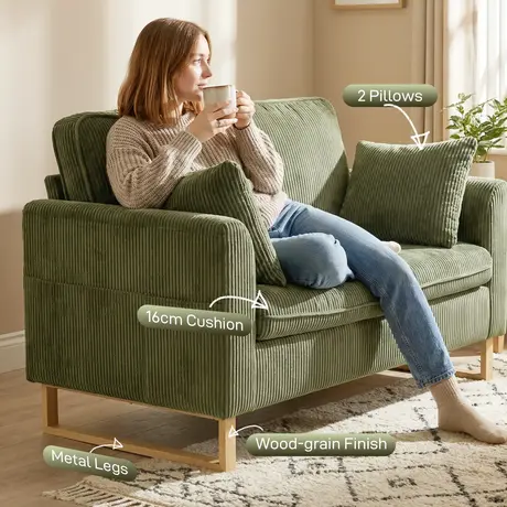 Buy HOMCOM 2 Seater Sofa in Dark Green Corduroy Fabric, Colour: Dark Green, 5 from Furnituretta
