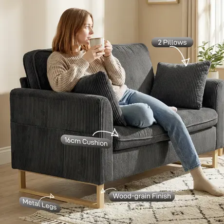 Buy HOMCOM 2 Seater Sofa in Dark Grey Corduroy Fabric, Colour: Dark Grey, 5 from Furnituretta
