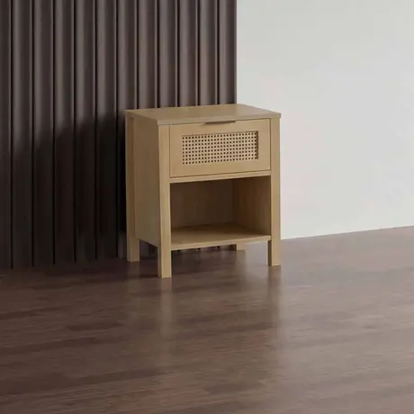 Buy Alicia Wooden Rattan Bedside Table with Drawer in Oak, 2 from Furnituretta
