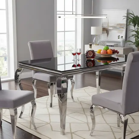 Buy Atlanta Dining Table in Black Glass with Silver Legs, 3 from Furnituretta