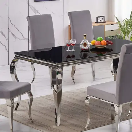 Buy Atlanta Dining Table in Black Glass with Silver Legs, 2 from Furnituretta