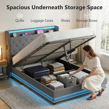 Buy HOMCOM Double Hydraulic Storage Bed with LED Lights & Charging Station, Bed Size: Double (4ft6), 4 from Furnituretta