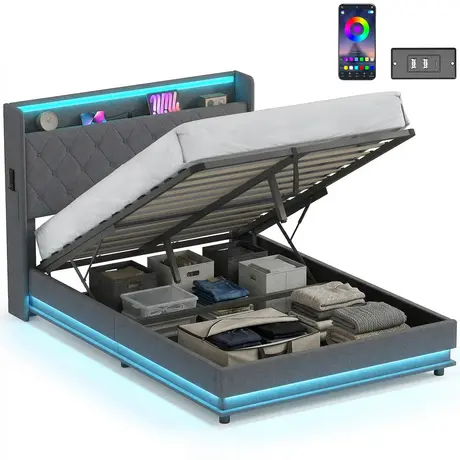 Buy HOMCOM Double Hydraulic Storage Bed with LED Lights & Charging Station, Bed Size: Double (4ft6), 10 from Furnituretta