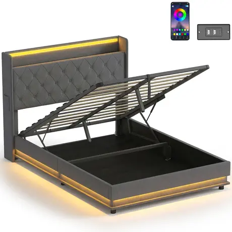 Buy HOMCOM Double Hydraulic Storage Bed with LED Lights & Charging Station, Bed Size: Double (4ft6), 2 from Furnituretta