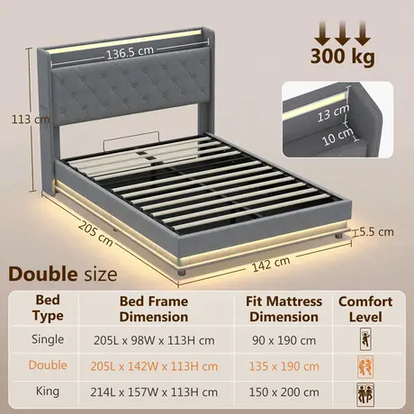 Buy HOMCOM Double Hydraulic Storage Bed with LED Lights & Charging Station, Bed Size: Double (4ft6), 3 from Furnituretta