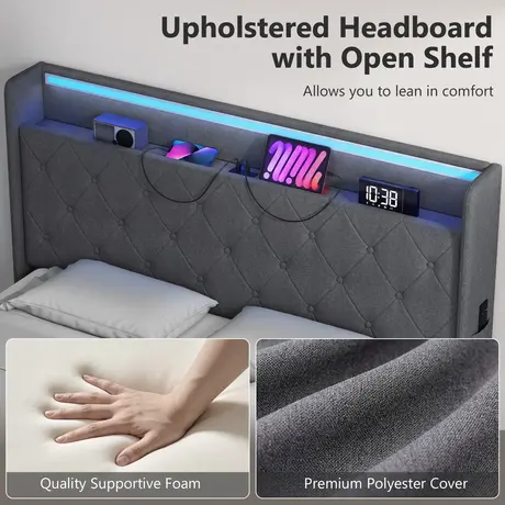 Buy HOMCOM Double Hydraulic Storage Bed with LED Lights & Charging Station, Bed Size: Double (4ft6), 7 from Furnituretta