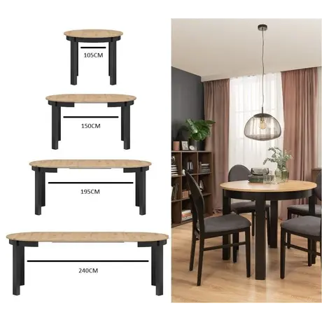 Buy Wigton Black & Oak Round Extending Dining Table, Colour: Black / Oak, 4 from Furnituretta