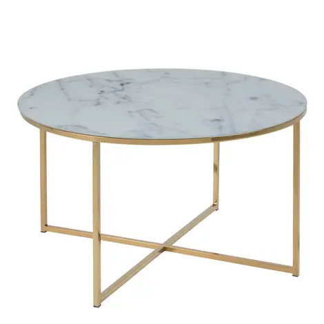 Buy Alisma Round Coffee Table: Marble-Effect Glass and Gold Legs from Furnituretta